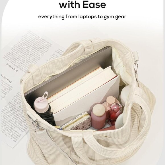 Beige Large Corduroy Tote Bag for Women - Versatile Travel & Work Companion - Picture 3 of 6